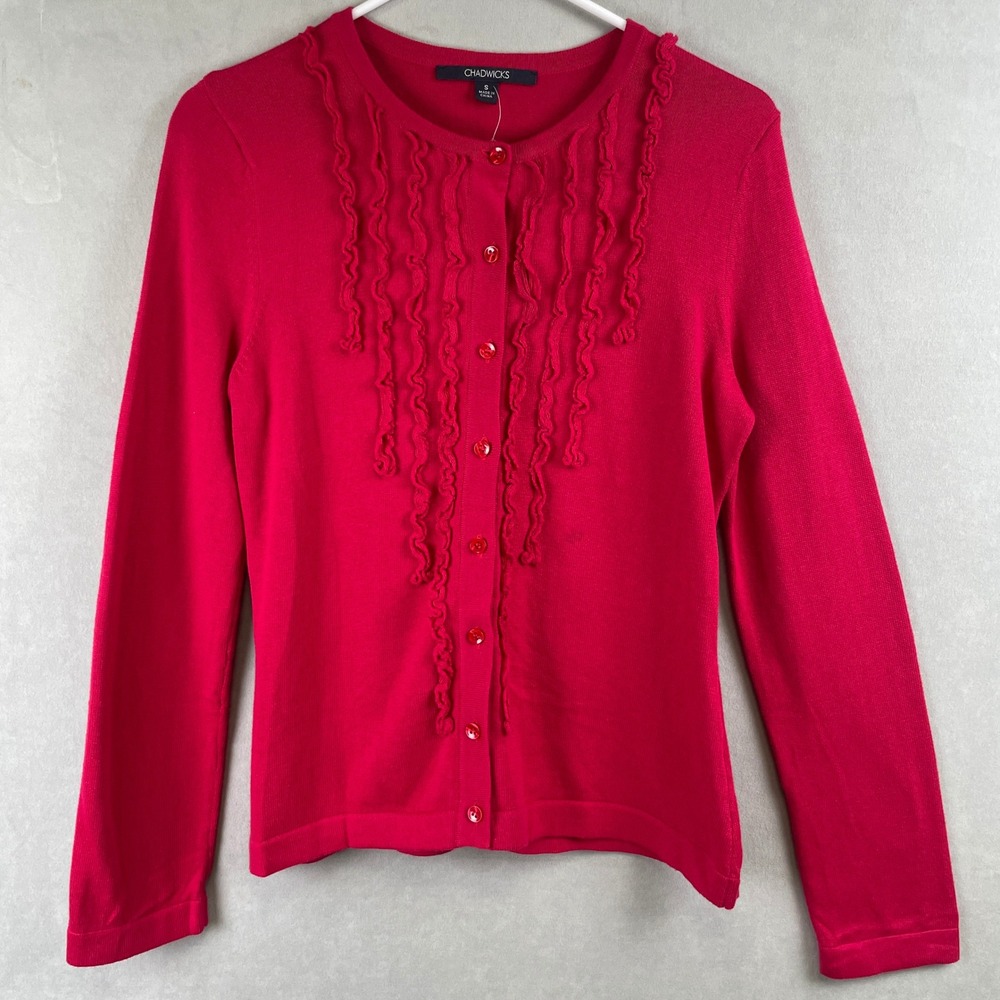 Chadwicks Red Ruffle Front Button Cardigan Sweater Coquette Ballet Romantic S